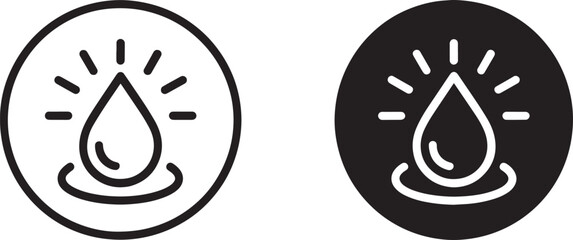 Water drop icon set vector – black and white droplet with shine lines, symbol of purity, hydration, environment, eco, or nature design illustration