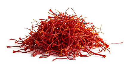 Naklejka premium Close up of vibrant red saffron threads piled high for culinary use on white background