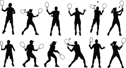 Diverse collection of tennis players silhouettes, showing men and women in dynamic serving and hitting action poses, representing competitive sports and fitness