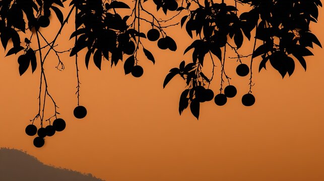 unripe. Bitter orange tree silhouette at dusk with green fruits against a deep orange sky. gardening catalogs, home-decor guides, designed for gardening and botanical catalogs.