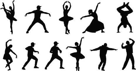 Silhouette dancers performing diverse dance styles, artistic choreography poses, ballet and hip-hop movement illustration, creative dance collection for design projects