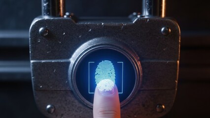 Fingerprint scan on padlock security lock