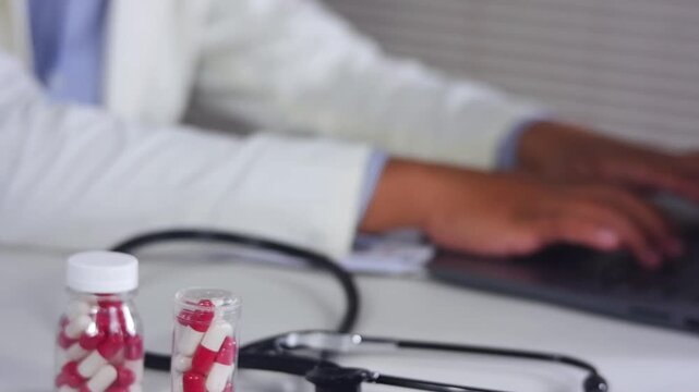 Close up view of young doctor hands typing to patient diagnosis prescription and using healthcare software application on laptop. Healthcare services in pandemic concept. Medical technology. No face
