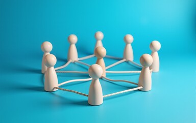 Interconnected wooden peg dolls forming a complex network structure on a blue background. This abstract image symbolizes social connection, business collaboration, and digital communication systems.