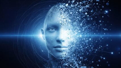 Human face dissolving into digital particles