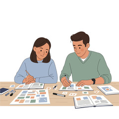 Focused individuals collaborating on design concepts and creative projects at a shared desk