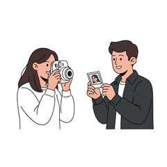 Joyful Couple Capturing and Sharing Instant Photo Memories with a Retro Camera