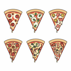 A delectable collection of six cartoon pizza slices, each featuring unique and mouth-watering toppings, perfect for any menu