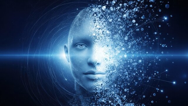 Human face dissolving into digital particles