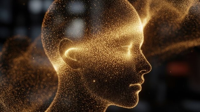 Human head profile with particle effect