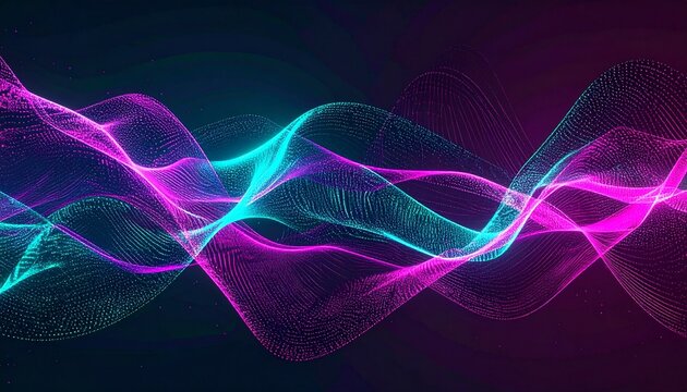 Abstract background of luminous energy waves in motion, a futuristic stream of cyan and magenta light particles