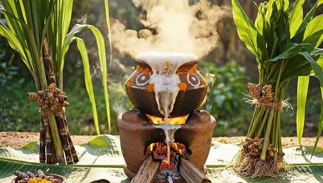 pongal footage video, a traditional Pongal pot boiling outdoors over a clay stove, surrounded by sugarcane, turmeric stalks, and banana leaves