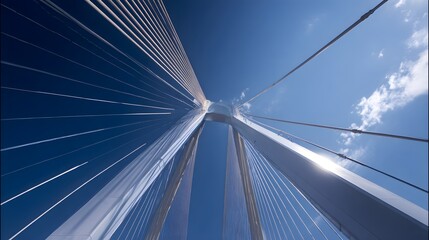 Low Angle View of Modern Cable-Stayed Bridge Against Clear Blue Sky on a Sunny Day.