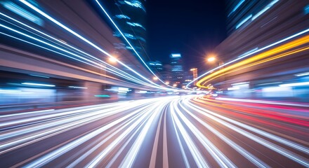 Blurred motion of city lights during night travel showcasing speed and movement