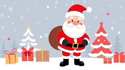 Modern Flat Design Santa Claus Cartoon with a Clean Minimalist Christmas Background