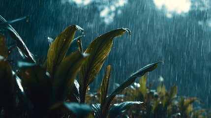 Lush Green Foliage Thriving Under a Gentle Rain Shower in a Serene Natural Setting.