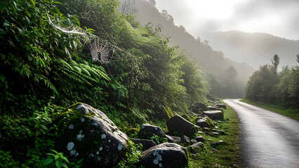 Misty Forest Road Journey — Serene Mountain Pass, Lush Greenery, Moody Woodland Landscape