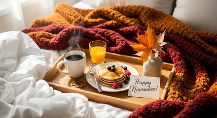 Breakfast in bed with coffee pancakes and juice for a cozy morning