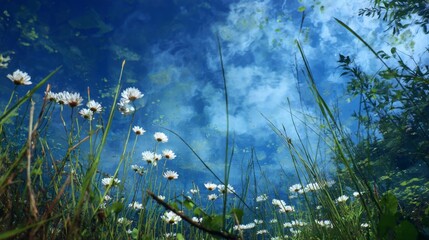 White Daisy Flowers Reflecting Blue Sky in Pond Water, Upward Angle View, Tranquil Nature Scene, Lakeside Meadow.