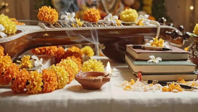 Vasant Panchami, minimal Saraswati Puja setup yellow marigold garlands, white veena, books, clay lamp, and flowers arranged neatly on a simple cloth