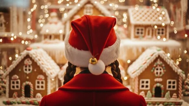 Back view of a young person in a red Santa hat and coat admiring a magical Christmas gingerbread house village illuminated by warm bokeh lights.