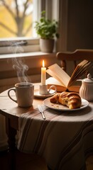 Breakfast scene with coffee croissant candle and books on a wooden table