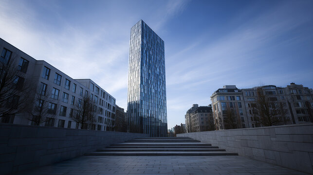 Modern glass skyscraper tower with reflective windows stands tall in cityscape surrounded by residential buildings under clear blue sky, creating serene urban atmosphere - Powered by Adobe