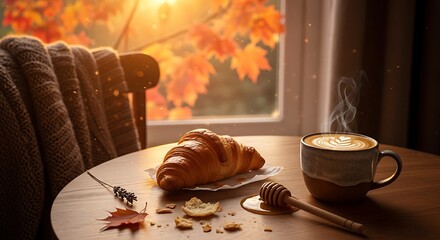 Breakfast scene with croissant coffee and autumn leaves against window