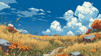  Path Through Golden Meadow, Orange Flowers, Rocks, Clear Blue Sky & Cumulus Clouds, Outdoor Scenery.