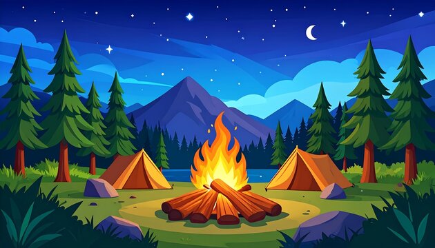 Enchanting night camping landscape with a blazing campfire under starry sky
