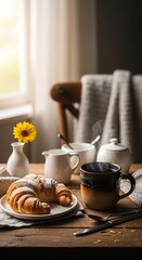 Breakfast still life with croissant coffee sunflower and table setting