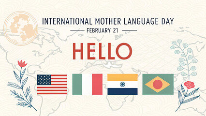 Mother Language Day: Celebrating cultural diversity, a heartfelt HELLO and international flags on display, honoring February 21st, emphasizing the power of languages globally.
