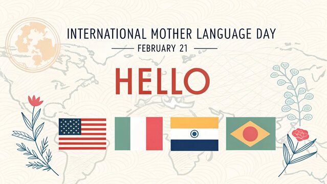 Mother Language Day: Celebrating cultural diversity, a heartfelt HELLO and international flags on display, honoring February 21st, emphasizing the power of languages globally.