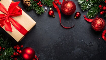 A top-down luxury holiday composition on a dark slate surface. A beige gift box with a red satin ribbon is positioned in the corner, framed by pine branches and red baubles.