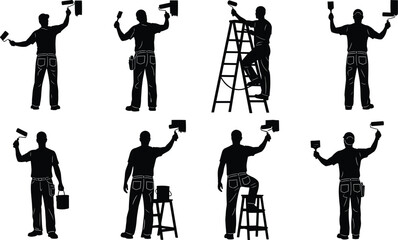 Eight professional painter silhouettes using rollers, brushes, and ladders, representing home renovation, house maintenance, interior design, and DIY repair services