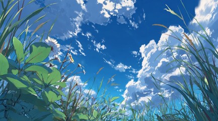  Daisy Flowers, Lush Green Grass, and Azure Sky with Billowing Clouds in a Natural Meadow Scene.