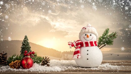 A whimsical winter landscape scene featuring a cute snowman figure with a red scarf standing on a snowy wooden table. 