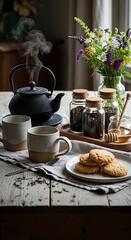 Breakfast still life with kettle cups cookies and flowers on a rustic table