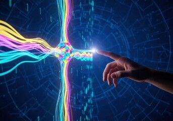 A hand reaching out to a glowing digital energy node with vibrant light streams in a futuristic technological background