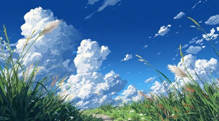  Scenic Outdoor View with Lush Green Grass, White Flowers, Cumulus Clouds, and Clear Blue Sky, Serene Natural Theme.