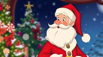 Elegant Santa Claus Cartoon in Festive Christmas Background, Refined and Distinguished Character