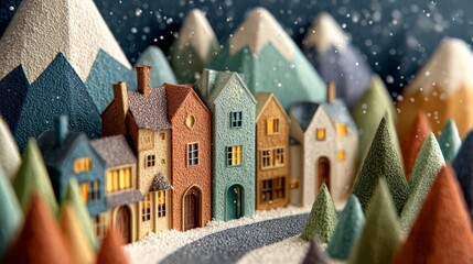  Miniature Houses on Snowy Road Surrounded by Cone-Shaped Trees and Mountains Under a Falling Snow Scene.