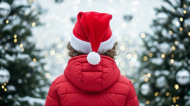 Rear view of a child wearing a red Santa hat and winter jacket, looking at beautifully decorated Christmas trees with sparkling lights in a festive outdoor winter wonderland