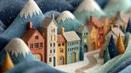  Miniature Colorful Houses in Snowy Mountain Landscape with Snowflakes Falling, Cozy Handmade Feel.
