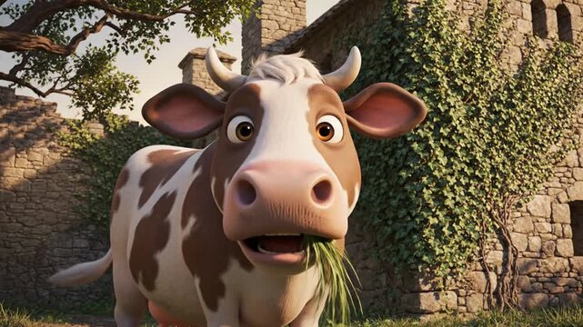 Cartoon cow with brown and white spots eating grass in front of a stone building with ivy.