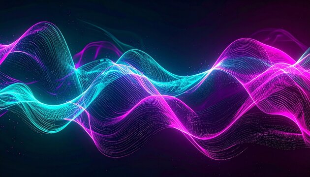 Dynamic concept of flowing energy fields, with glowing digital light particles forming vibrant sound wave patterns against a dark backdrop
