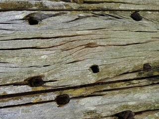 Obraz premium Extreme close-up of rough, weathered industrial wood texture with deep cracks and dark holes. Aged surface background perfect for rustic or grunge design themes.