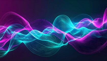 Vibrant abstract waveform of flowing energy with glowing lines of magenta and cyan on a dark background, representing digital data and sound