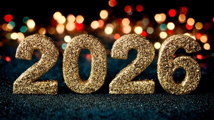 The sparkling golden numbers 2026 shine brightly against a blurred bokeh background anticipating a happy New Year celebration for everyone.