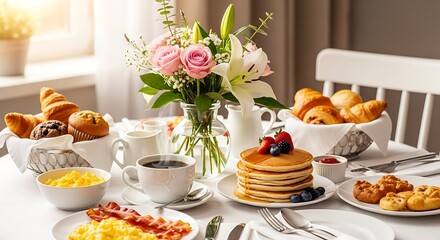 Breakfast table with flowers pancakes pastries and coffee for a delightful meal